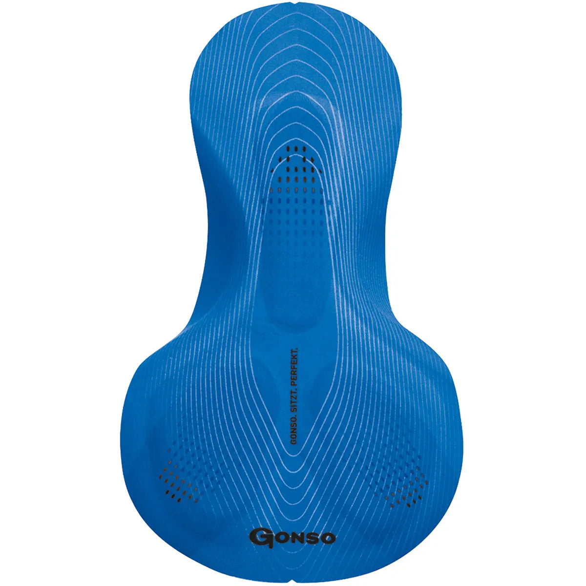 Das blaue, ergonomische Sitzpolster mit strukturierten Linien verleiht Ihrer Gonso Sitivo Radhose Größe 38 - grau oder jeder Radhose Komfort zusätzlichen Komfort; mit dem Gonso-Markennamen in der unteren Mitte.