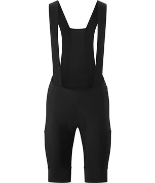 Die Gonso Gravelita Bib Radhose in Größe 42 und Schwarz ist eine atmungsaktive Fahrradhose mit Sitzpolster, Schulterträgern und Mesh-Rücken. Präsentiert auf weißem Hintergrund.