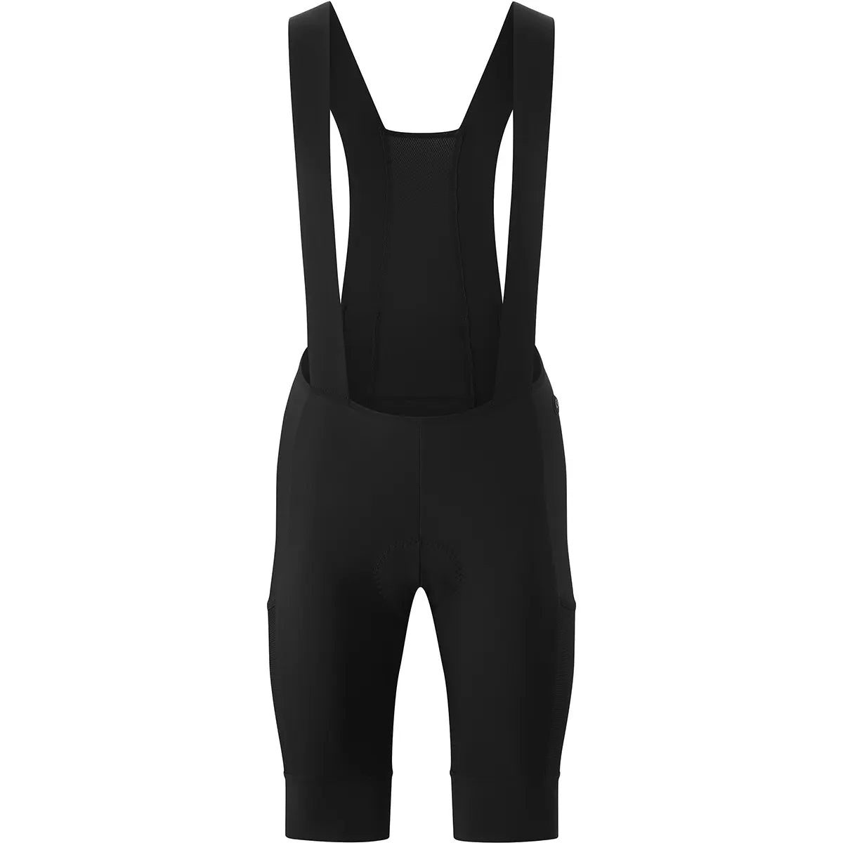 Die Gonso Gravelita Bib Radhose in Größe 42 und Schwarz ist eine atmungsaktive Fahrradhose mit Sitzpolster, Schulterträgern und Mesh-Rücken. Präsentiert auf weißem Hintergrund.