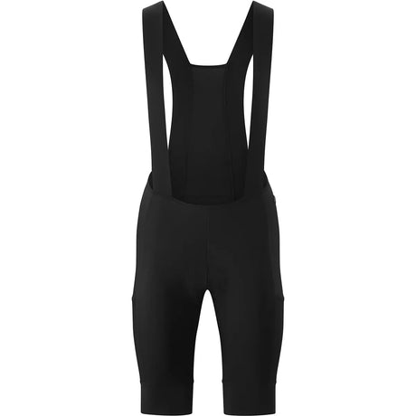 Die Gonso Gravelita Bib Radhose in Größe 42 und Schwarz ist eine atmungsaktive Fahrradhose mit Sitzpolster, Schulterträgern und Mesh-Rücken. Präsentiert auf weißem Hintergrund.