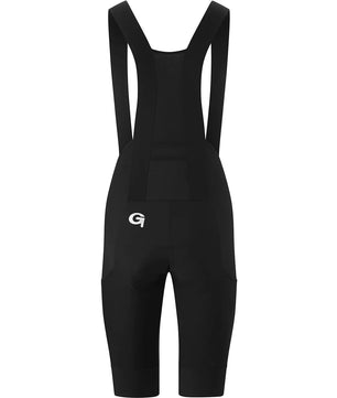 Die Gonso Gravelita Bib Radhose in Größe 42 - schwarz bietet Schulterträger, atmungsaktives Mesh am Rücken, ein Sitzpolster für Komfort und ein weißes G-Logo am linken Oberschenkel. Ideal für Damen beim Radfahren.