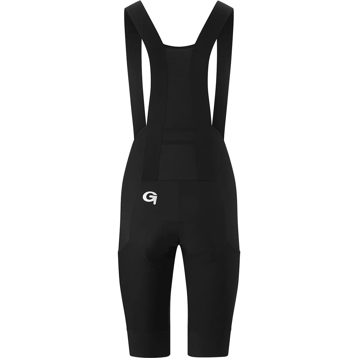 Die Gonso Gravelita Bib Radhose in Größe 42 - schwarz bietet Schulterträger, atmungsaktives Mesh am Rücken, ein Sitzpolster für Komfort und ein weißes G-Logo am linken Oberschenkel. Ideal für Damen beim Radfahren.