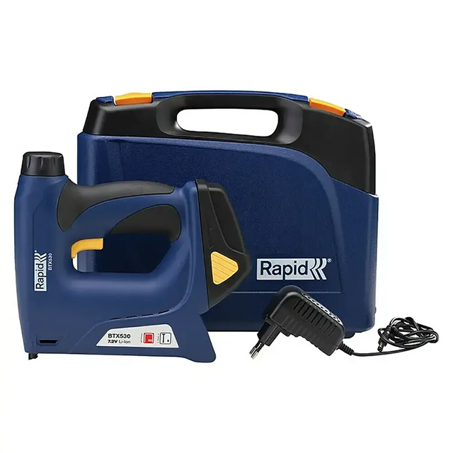 Der Rapid BTX 530 Akkutacker – blau ist ein blauer Akku-Tacker von RAPID, der mit einem Ladegerät und einer Tragetasche geliefert wird und auf jedem Bauteil das RAPID-Logo trägt. Dieses Modell ist mit Feindrahtklammern vom Typ 53 kompatibel.