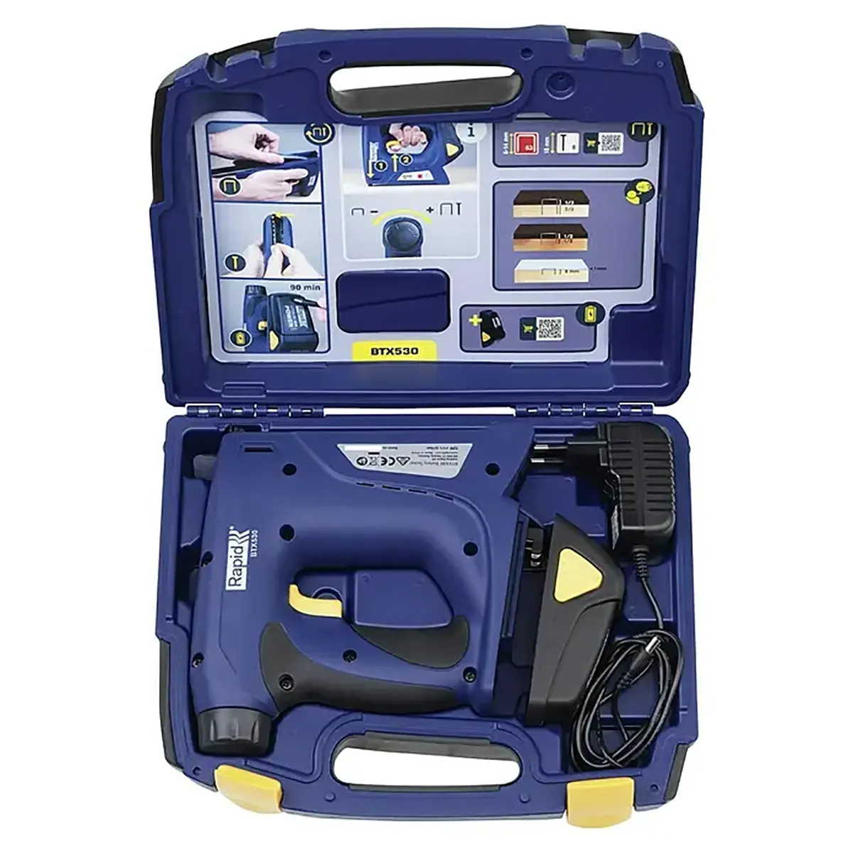 RAPID Rapid BTX 530 Akkutacker – blaues Elektrotacker-Set im Koffer, inklusive Feindrahtklammern Typ 53, Ladegerät und bebilderter Anleitung im Deckel.