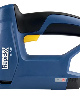 Blauer RAPID BTX 10 Akku-Tacker von RAPID, mit gelbem Abzug und von der Seite gezeigt.