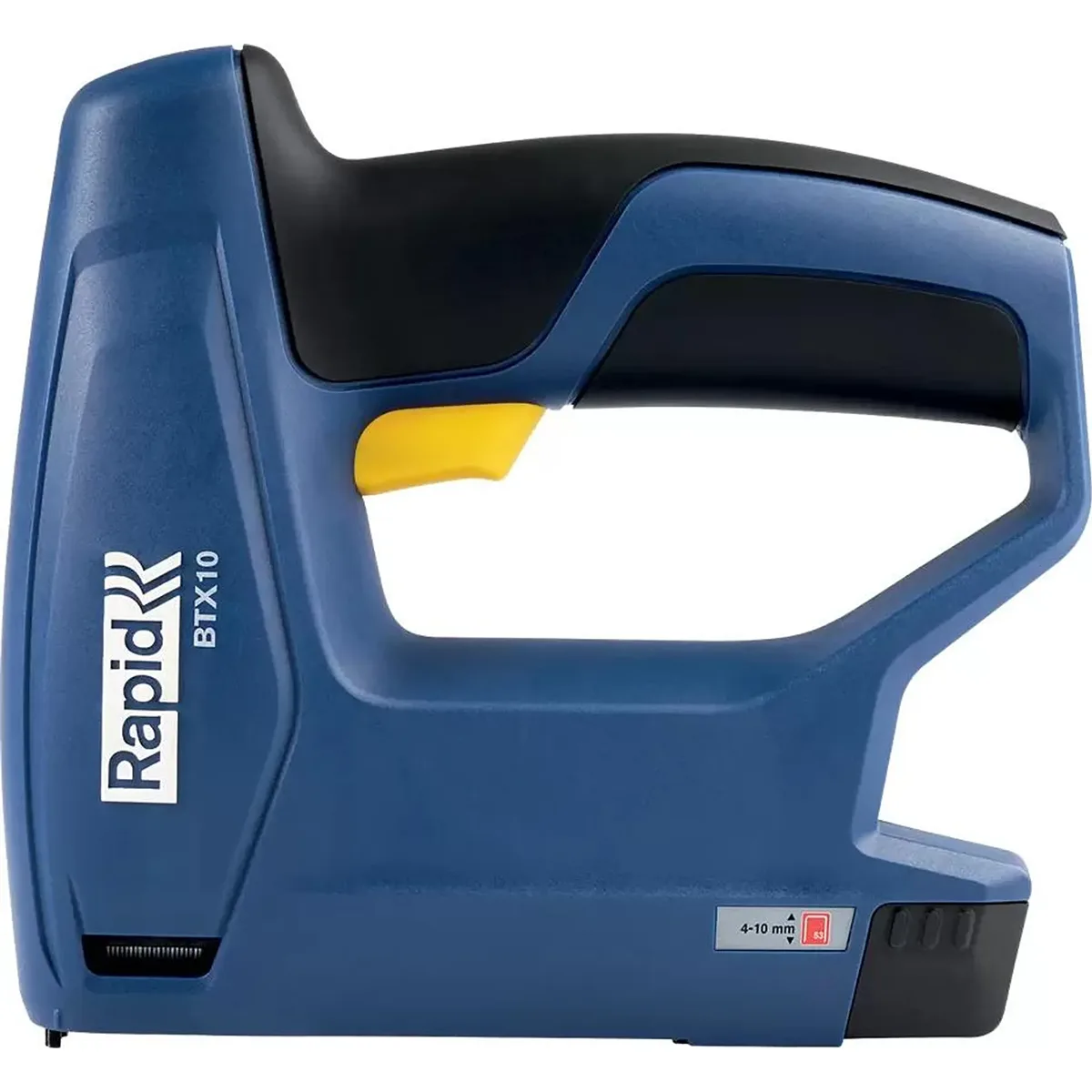Blauer RAPID BTX 10 Akku-Tacker von RAPID, mit gelbem Abzug und von der Seite gezeigt.