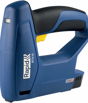 Der RAPID BTX 10 Akku-Tacker - blau von RAPID ist ein blaues, kabelloses Handheftgerät mit schwarzen und gelben Akzenten, von der Seite betrachtet.