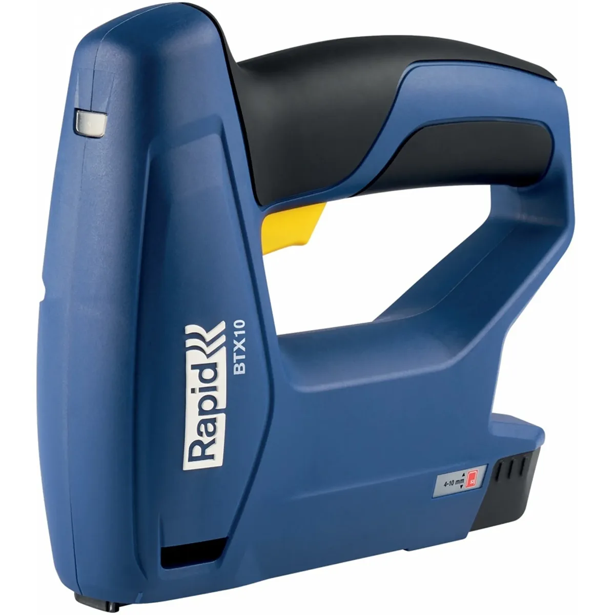 Der RAPID BTX 10 Akku-Tacker - blau von RAPID ist ein blaues, kabelloses Handheftgerät mit schwarzen und gelben Akzenten, von der Seite betrachtet.