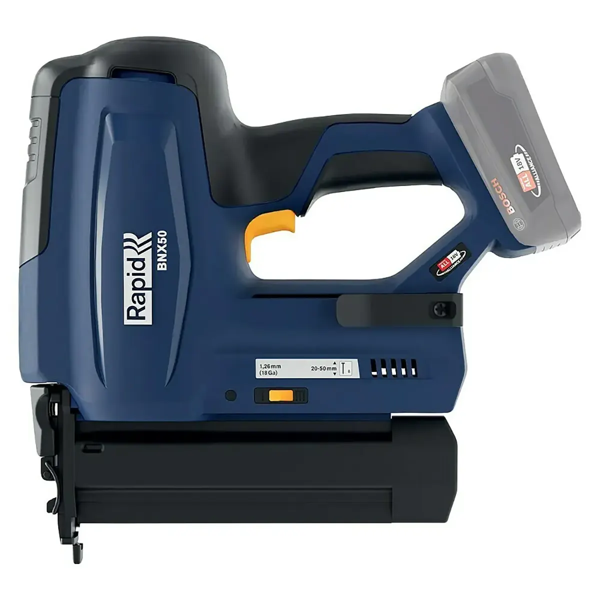 Der RAPID Rapid BNX50 Akku-Nagler - blau ist ein 18V-Akku-Nagler mit sichtbarem Akkupack und Abzug für eine effiziente Nutzung.