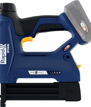 Der RAPID Rapid BTX606 Akku-Tacker - blau, von der Seite mit grauem Akku dargestellt, ist ein 18-Volt-Tacker, der ideal für effiziente Heftarbeiten ist.