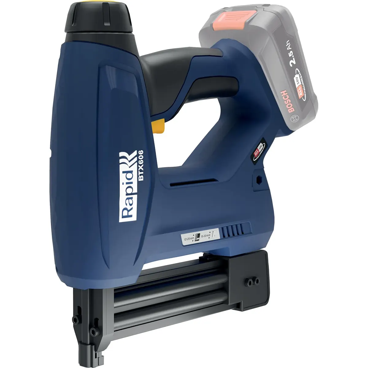 Der RAPID Rapid BTX606 Akku-Tacker - blau ist ein blauer 18V-Akku-Tacker mit Akkuschacht, dargestellt ohne Akku.