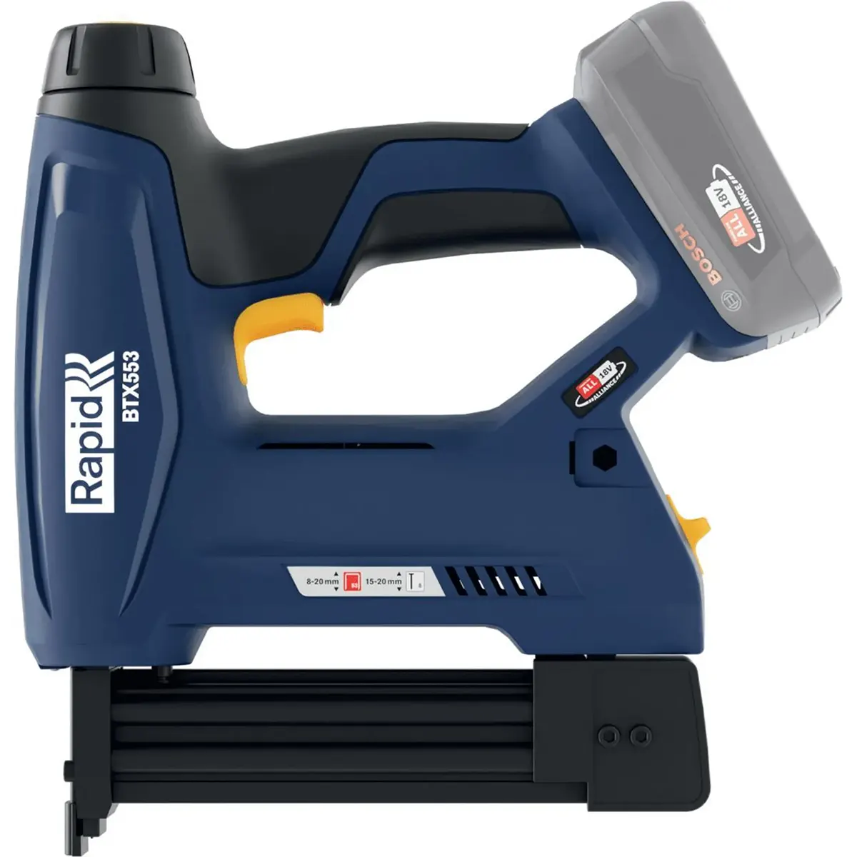 Der RAPID Rapid BTX553 Akku-Tacker in blau und schwarz mit grauem Akkupack und gelbem Abzug-ideal für jeden Heimwerker, der einen effizienten kabellosen Nagler sucht.