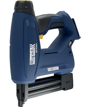 Der RAPID Rapid BTX553 Akku-Tacker in blau verfügt über einen schwarzen Griff und einen sichtbaren Abzug - ideal für Heimwerker, die einen kräftigen, kabellosen Nagler suchen.