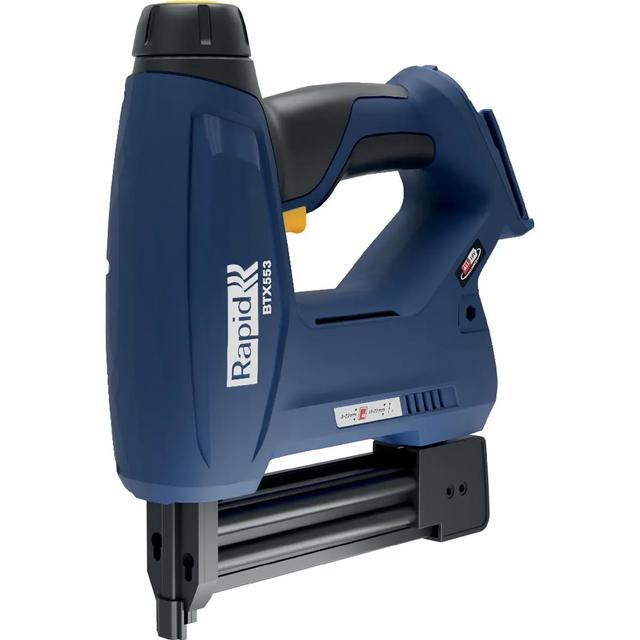 Der RAPID Rapid BTX553 Akku-Tacker in blau verfügt über einen schwarzen Griff und einen sichtbaren Abzug - ideal für Heimwerker, die einen kräftigen, kabellosen Nagler suchen.