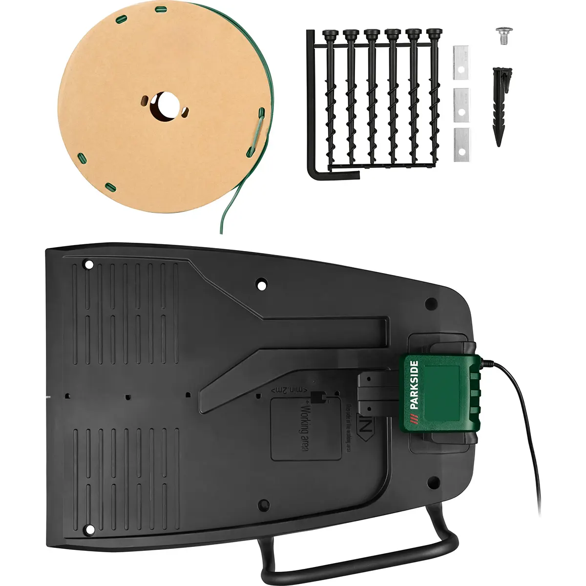 PARKSIDE Smart PAMRS 1000 A1 Mähroboter-Ladestation mit Begrenzungskabelrolle, Erdspießen und Messern vor weißem Hintergrund – ideal für die automatische Rasenpflege mit Ihrem PARKSIDE-Mähroboter.