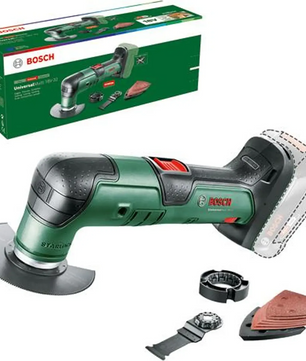 Das Bosch UniversalMulti 18V-32 Akku-Multifunktionswerkzeug - grün, von Bosch, kommt mit Zubehör, einer Box, Schleifpads, Starlock-Werkzeugaufnahme und verschiedenen Aufsätzen.