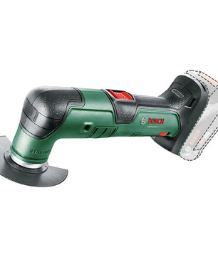 Das Bosch UniversalMulti 18V-32 Akku-Multifunktionswerkzeug - grün, mit Kreissägeblatt und Starlock-Werkzeugaufnahme, wird ohne Akku dargestellt.