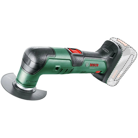 Das Bosch UniversalMulti 18V-32 Akku-Multifunktionswerkzeug - grün, mit Kreissägeblatt und Starlock-Werkzeugaufnahme, wird ohne Akku dargestellt.