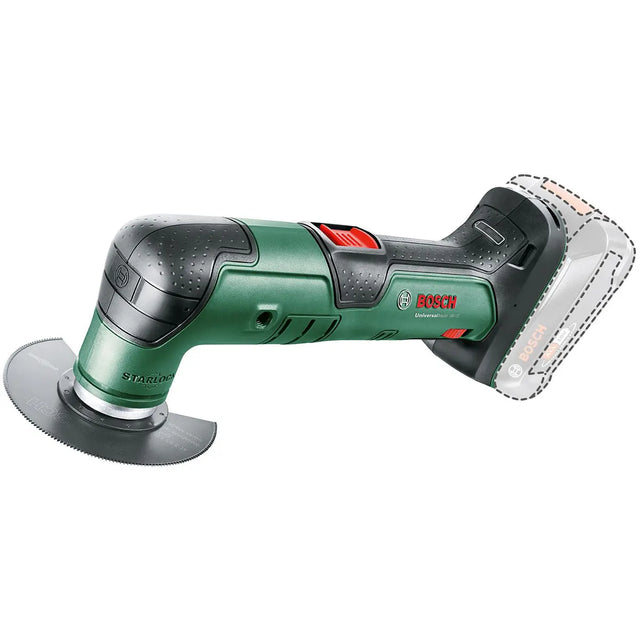 Das Bosch UniversalMulti 18V-32 Akku-Multifunktionswerkzeug - grün, mit Kreissägeblatt und Starlock-Werkzeugaufnahme, wird ohne Akku dargestellt.