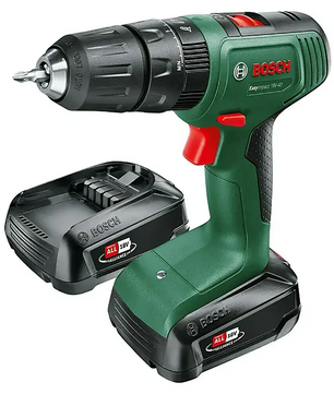 Hier ist ein umformulierter Satz unter Verwendung Ihrer Produktdaten: Der Bosch EasyImpact 18V-40 Akku-Schlagbohrschrauber in Grün, ausgestattet mit zwei 18-V-Akkus und einem schwarzen Bohrfutter, ist das ideale Elektrowerkzeug für Ihre Heimwerkerprojekte – hier auf weißem Hintergrund abgebildet.