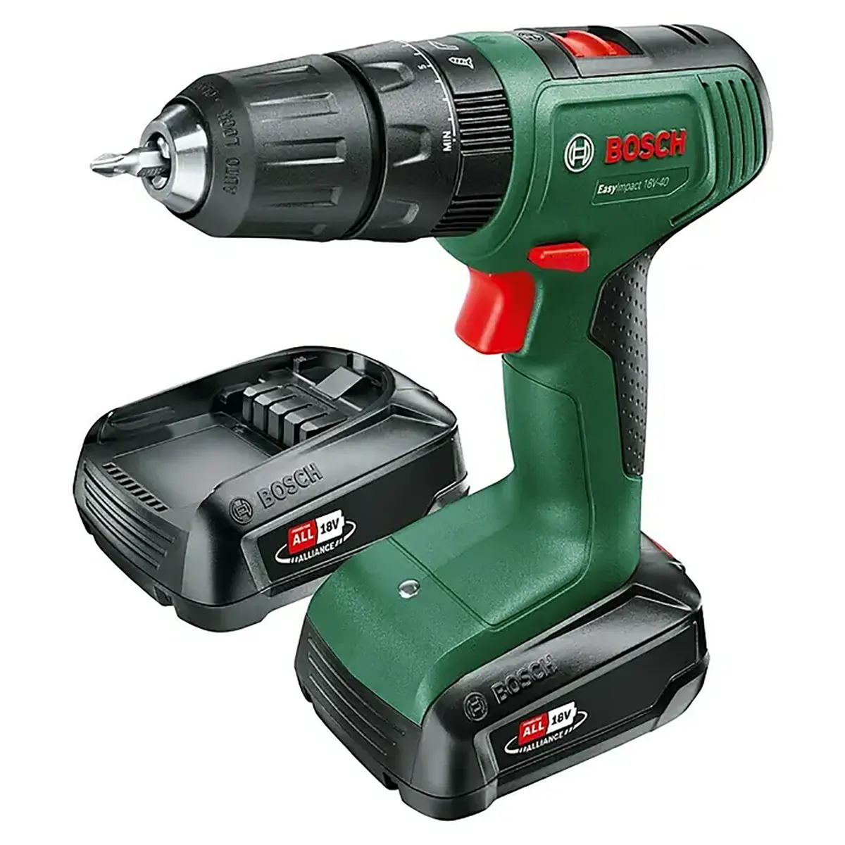 Hier ist ein umformulierter Satz unter Verwendung Ihrer Produktdaten: Der Bosch EasyImpact 18V-40 Akku-Schlagbohrschrauber in Grün, ausgestattet mit zwei 18-V-Akkus und einem schwarzen Bohrfutter, ist das ideale Elektrowerkzeug für Ihre Heimwerkerprojekte – hier auf weißem Hintergrund abgebildet.