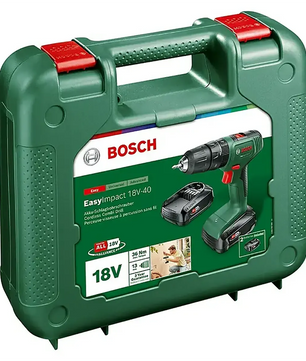 Grüner Bosch-Koffer mit Produktabbildung, auf dem Etikett sind der Bosch EasyImpact 18V-40 Akku-Schlagbohrschrauber – grün sowie Zubehör abgebildet – das ideale Elektrowerkzeug von Bosch für vielseitige Bohr- und Schraubarbeiten.
