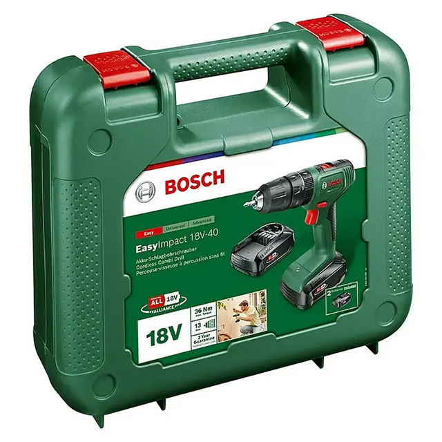 Grüner Bosch-Koffer mit Produktabbildung, auf dem Etikett sind der Bosch EasyImpact 18V-40 Akku-Schlagbohrschrauber – grün sowie Zubehör abgebildet – das ideale Elektrowerkzeug von Bosch für vielseitige Bohr- und Schraubarbeiten.