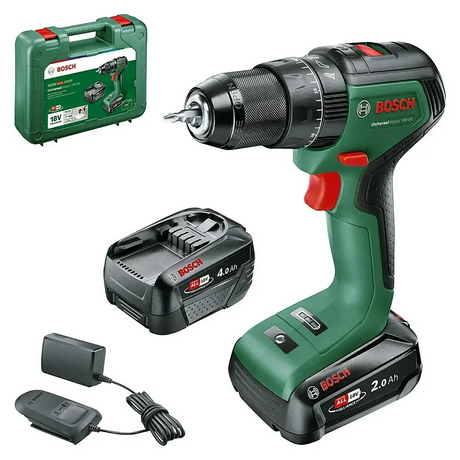 Bosch Universal Impact 18V-60 Akku-Schlagbohrschrauber in grün mit zwei Akkus, Ladegerät und Transportkoffer.