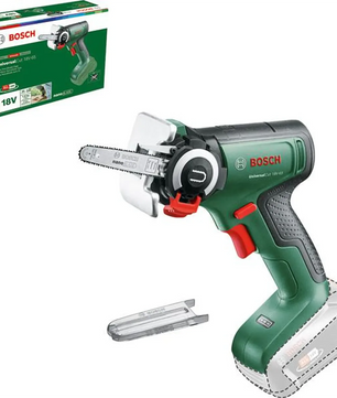 Die Bosch UniversalCut 18V-65 Akku-Säge – grün ist eine kabellose Mini-Kettensäge mit grünem Griff, die dank der NanoBlade-Technologie müheloses und präzises Sägen ermöglicht. Im Lieferumfang sind ein Ersatzsägeblatt sowie die im Hintergrund abgebildete Originalverpackung enthalten, was Ihnen maximalen Komfort und Präzision bei Ihren Arbeiten bietet.
