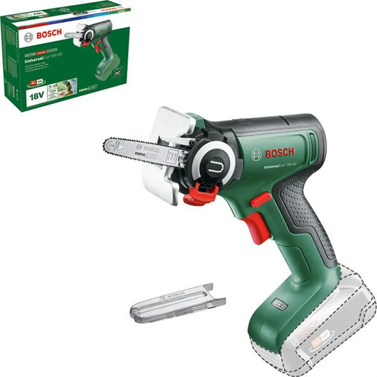 Die Bosch UniversalCut 18V-65 Akku-Säge – grün ist eine kabellose Mini-Kettensäge mit grünem Griff, die dank der NanoBlade-Technologie müheloses und präzises Sägen ermöglicht. Im Lieferumfang sind ein Ersatzsägeblatt sowie die im Hintergrund abgebildete Originalverpackung enthalten, was Ihnen maximalen Komfort und Präzision bei Ihren Arbeiten bietet.