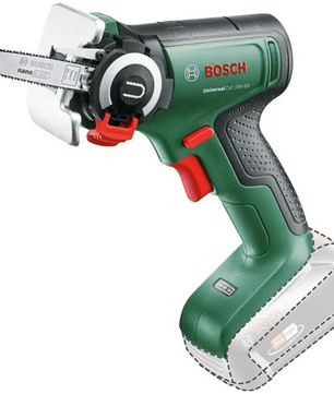 Die grüne Bosch UniversalCut 18V-65 Akku-Säge, ein handgeführtes Mini-Kettensäge-Elektrowerkzeug von Bosch mit roten und schwarzen Akzenten, verfügt über die innovative NanoBlade-Technologie und ist hier ohne eingesetzten Akku abgebildet.