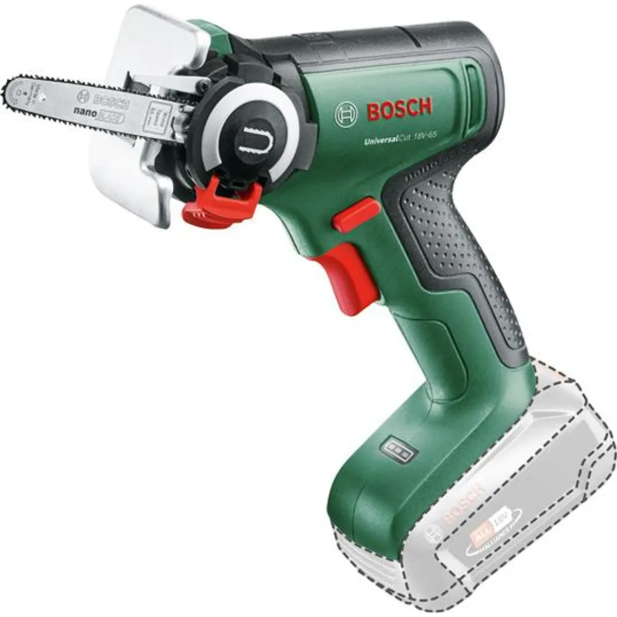 Die grüne Bosch UniversalCut 18V-65 Akku-Säge, ein handgeführtes Mini-Kettensäge-Elektrowerkzeug von Bosch mit roten und schwarzen Akzenten, verfügt über die innovative NanoBlade-Technologie und ist hier ohne eingesetzten Akku abgebildet.