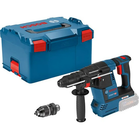 Der Bosch Professional GBH 18V-26 F Akku-Bohrhammer - blau von Bosch verfügt über einen seitlichen Griff, ein zusätzliches Bohrfutter, einen bürstenlosen Motor und wird mit einem blauen Transportkoffer mit roten Verschlüssen geliefert.