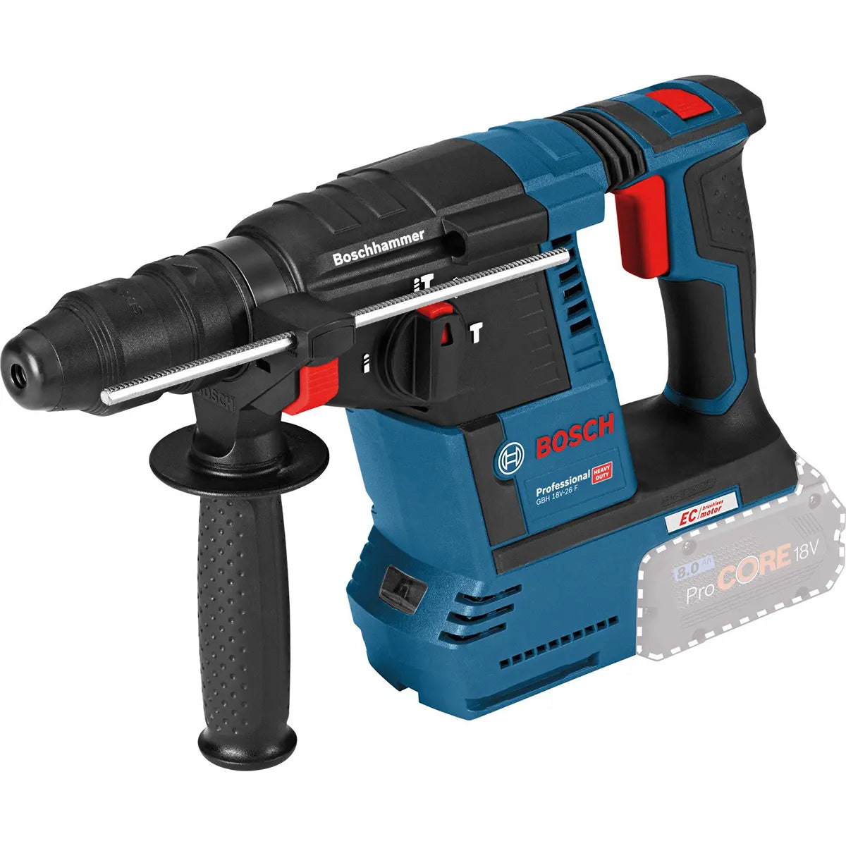 Der Bosch Professional GBH 18V-26 F Akku-Bohrhammer in blau von Bosch, abgebildet mit seitlichem Griff und bürstenlosem Motor, ist ohne angebrachten Akku dargestellt.