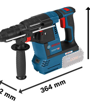 Der Bosch Professional GBH 18V-26 F Akku-Bohrhammer in blau von Bosch verfügt über einen bürstenlosen Motor, seitlichen Griff und misst 364mm x 102mm x 226mm.