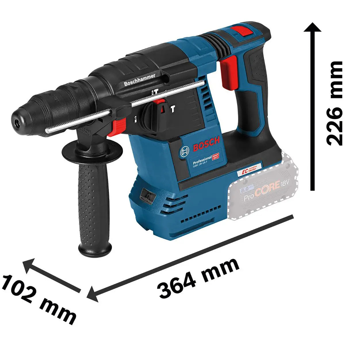 Der Bosch Professional GBH 18V-26 F Akku-Bohrhammer in blau von Bosch verfügt über einen bürstenlosen Motor, seitlichen Griff und misst 364mm x 102mm x 226mm.