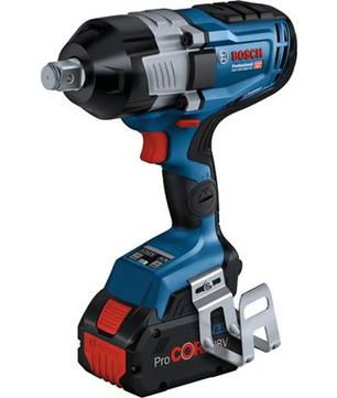 Der Bosch Professional GDS 18V-1600 HC Drehschlagschrauber in Blau von Bosch verfügt über ein kabelloses Design, schwarze und rote Akzente, einen angeschlossenen Akkupack und läuft mit dem effizienten 18V-Akkusystem.