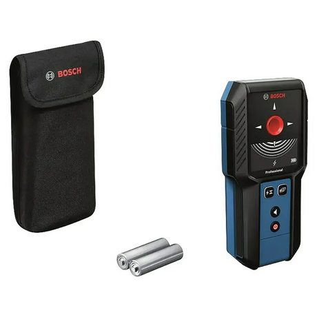 Bosch Professional GMS 120-27 Ortungsgerät – blau mit schwarzer Tragetasche und zwei AA-Batterien auf weißem Hintergrund – ideal zum Aufspüren von Leitungen.