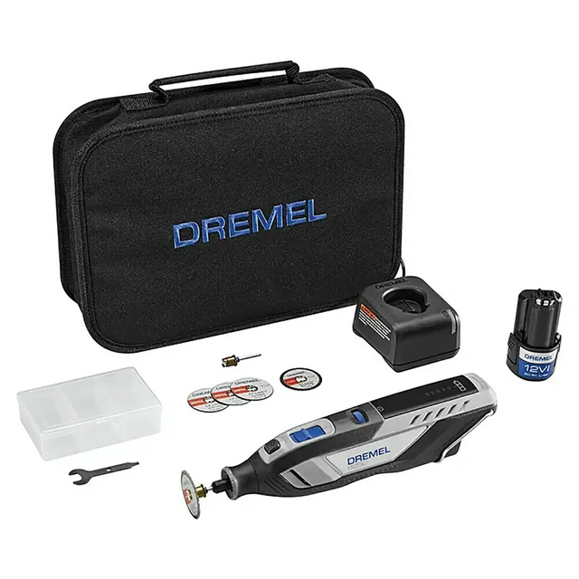 Das Dremel 8250-5 12V Akku-Multitool in grau von Dremel wird als Set mit Werkzeug, Ladegerät, Akku, Trennscheiben, Koffer, Schraubenschlüssel und Zubehörbox geliefert - Ihre All-in-One-Multitool-Lösung.