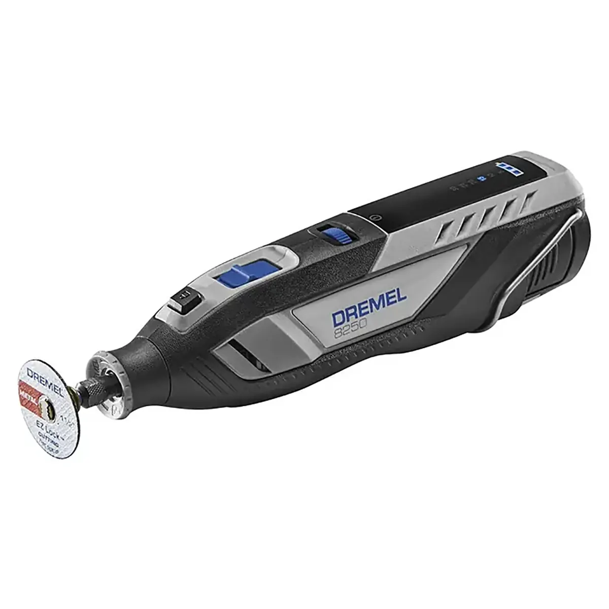 Das graue Dremel 8250-5 12V Akku-Multitool von Dremel ist mit einer angebrachten Trennscheibe auf weißem Hintergrund abgebildet.