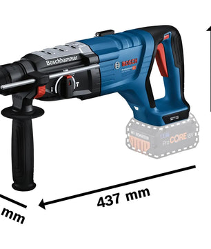 Abgebildet ist der Bosch Professional GBH 18V-28 D Akku-Bohrhammer in Blau von Bosch mit SDS-plus-System und den Maßen 437mm (L) x 255mm (H) x 89mm (B).