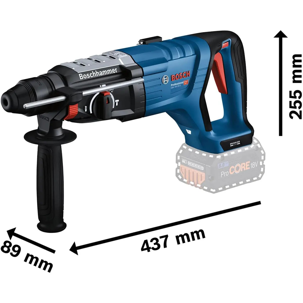 Abgebildet ist der Bosch Professional GBH 18V-28 D Akku-Bohrhammer in Blau von Bosch mit SDS-plus-System und den Maßen 437mm (L) x 255mm (H) x 89mm (B).