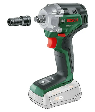 Der Bosch UniversalImpactDrive 18V-350 Akku-Drehschlagschrauber - grün von Bosch verfügt über einen abnehmbaren Bit-Adapter und liefert bis zu 350 Nm Drehmoment für kraftvolles Schrauben; Akku nicht enthalten.