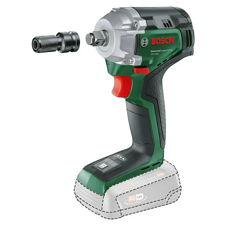 Der Bosch UniversalImpactDrive 18V-350 Akku-Drehschlagschrauber - grün von Bosch verfügt über einen abnehmbaren Bit-Adapter und liefert bis zu 350 Nm Drehmoment für kraftvolles Schrauben; Akku nicht enthalten.