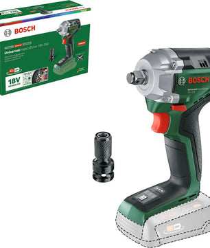 Bosch UniversalImpactDrive 18V-350 Akku-Drehschlagschrauber - grün von Bosch mit bis zu 350 Nm Drehmoment, separatem Akku-Adapter und Produktbox mit Markenlogo und Funktionen.