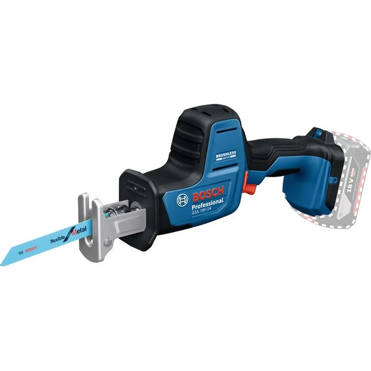 Die Bosch Professional GSA 18V-24 Akku-Säbelsäge – blau von Bosch verfügt über ein blaues Metallblatt und einen schwarzen Griff; der Akku ist nicht im Lieferumfang enthalten. Diese robuste Allzwecksäge bietet zuverlässige Akku-Leistung für anspruchsvolle Sägearbeiten.