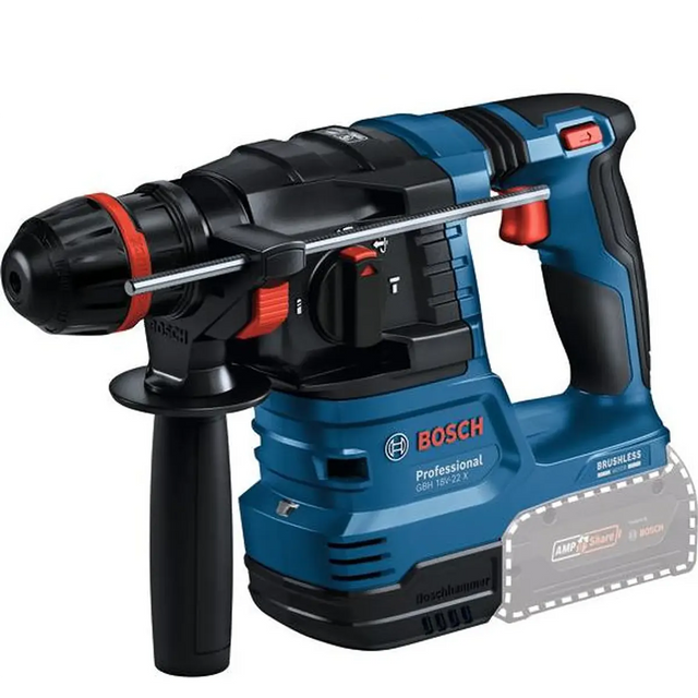 Der Bosch Professional GBH 18V-22 X Akku-Bohrhammer von Bosch wird hier in Blau mit schwarzen und roten Akzenten sowie einem bürstenlosen Motor ohne eingelegten Akku vorgestellt.