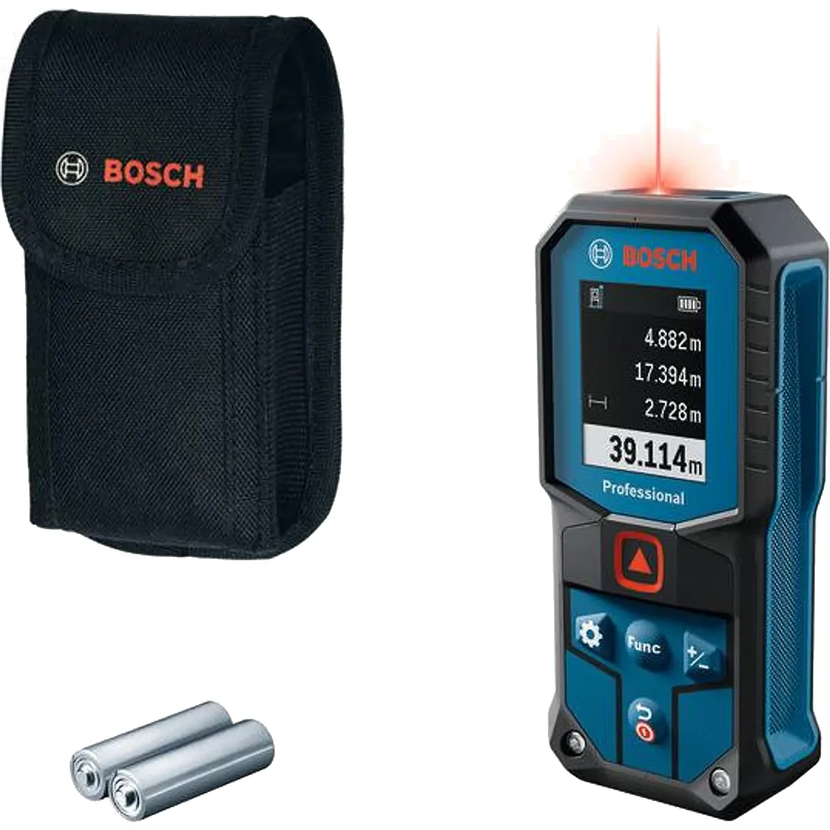 Bosch Professional GLM 40-31 Laser-Entfernungsmesser – blau, inklusive Tragetasche und zwei AA-Batterien, auf weißem Hintergrund.