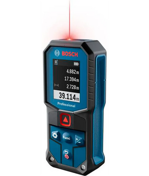 Der Bosch Professional GLM 40-31 Laser-Entfernungsmesser – blau von Bosch verfügt über ein digitales Display und einen sichtbaren roten Laserstrahl und ermöglicht so präzise und gut ablesbare Entfernungsmessungen.