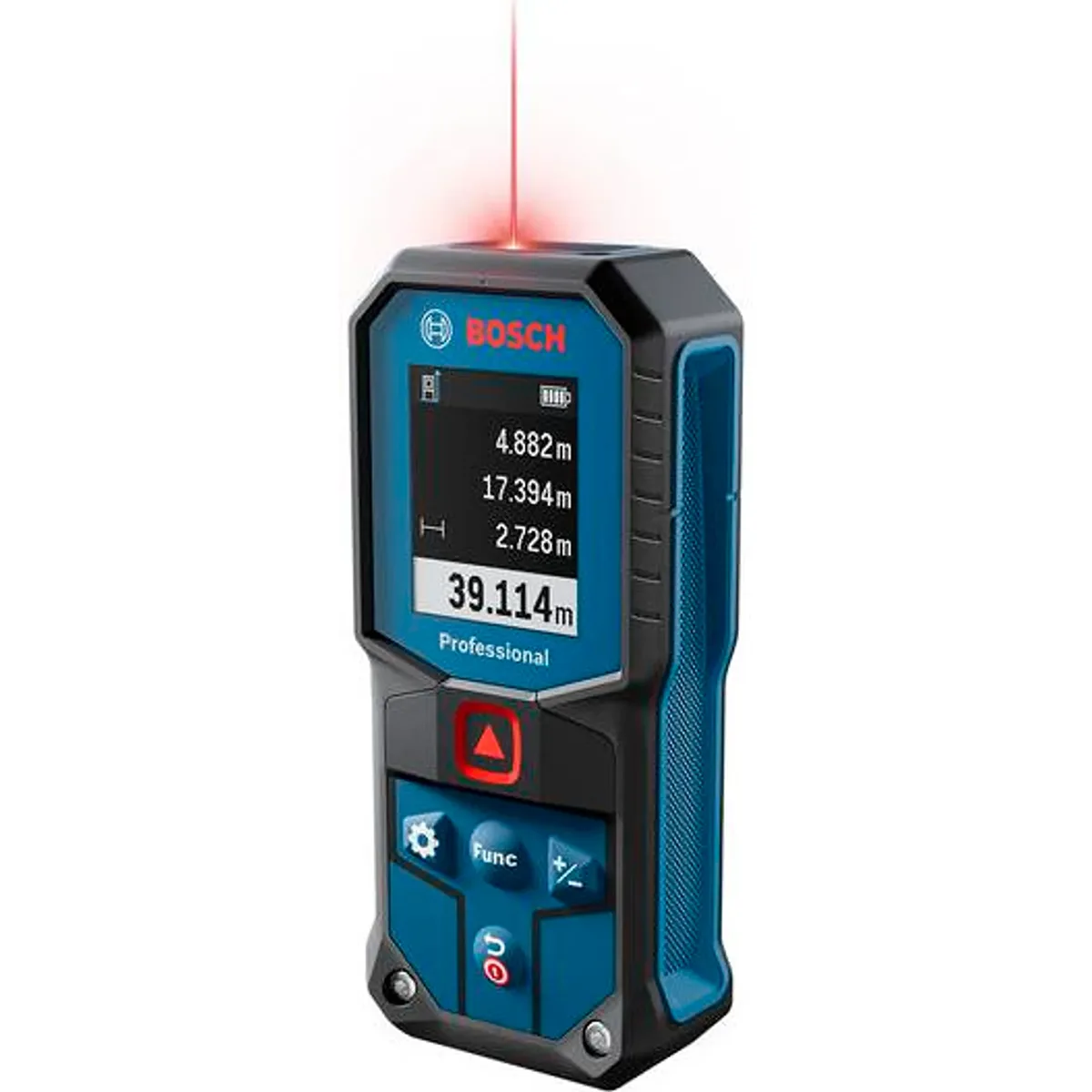 Der Bosch Professional GLM 40-31 Laser-Entfernungsmesser – blau von Bosch verfügt über ein digitales Display und einen sichtbaren roten Laserstrahl und ermöglicht so präzise und gut ablesbare Entfernungsmessungen.
